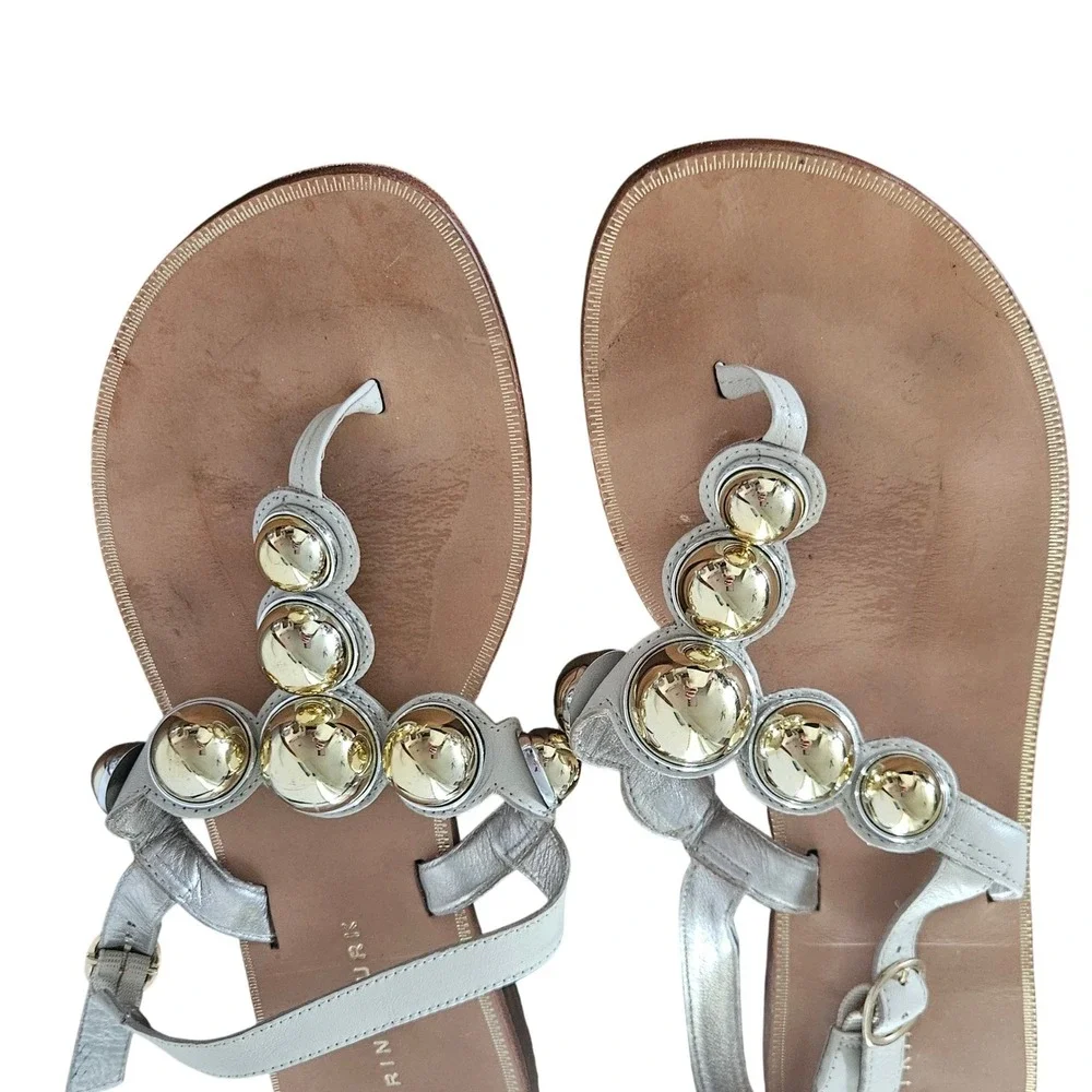 Trina Turk Womens 10M Gold Orb Embellished Leather T-Strap Thong Sandals Silver